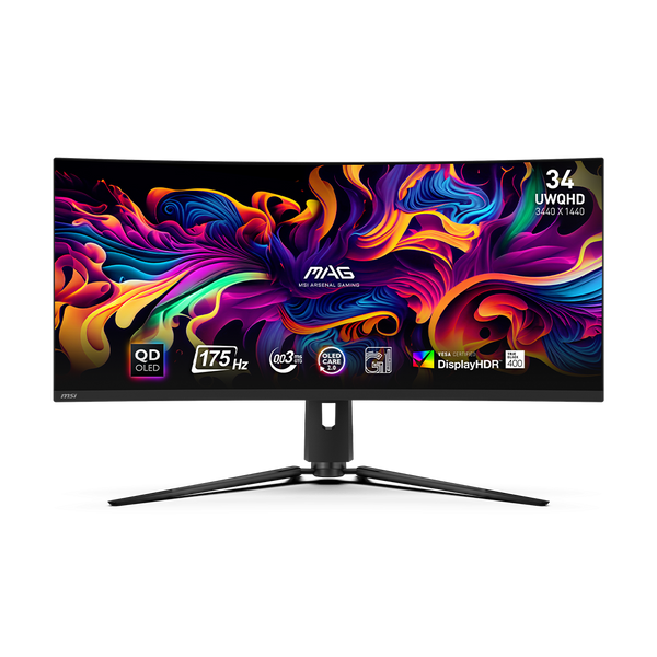 MSI MAG 341CQP QD-OLED Curved Gaming Monitor UWQHD 34 Zoll 1800R Quantum Dot OLED 3440x1440 175Hz / 0,03ms, 99% DCI-P3, E2, DisplayHDR True Black...