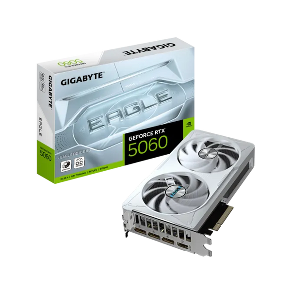 GIGABYTE GeForce RTX 5060 EAGLE OC ICE 8G Graphics Card | 8GB GDDR7 · 128-bit · 28 Gbps | 3840 CUDA Cores · 2550 MHz Core | PCIe 5.0 · 1× HDMI 2.1b · 3× DisplayPort 2.1b | White