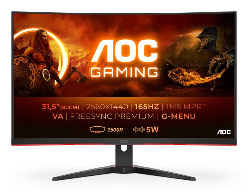 AOC | 32" Curved Monitor | QHD 2560x1440 | 1ms | Curved | FreeSync Premium | HDMI + DisplayPort | Black