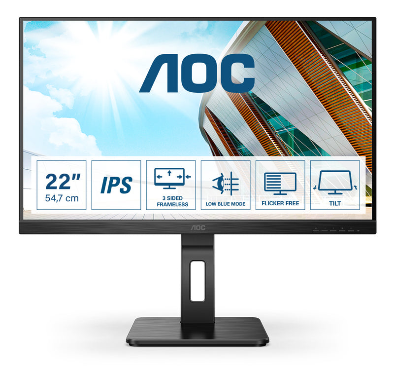 AOC 22P2Q | 22" Monitor | Full HD 1920x1080 | 75Hz | HDMI + DisplayPort + VGA | Height Adjustable | Black