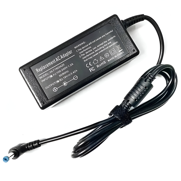 Acer 65W Laptop AC Adapter | 19V · 3.42A · 65W | 5.5 × 1.7 mm Yellow DC Tip | 100-240V Auto-Voltage Input | Black