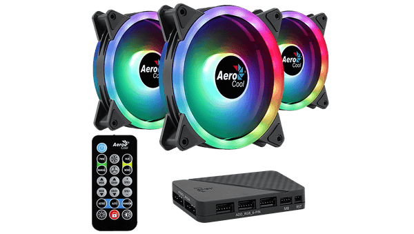 Aerocool Duo 12 Pro 120mm ARGB Case Fan Kit | 3-Pack · H66F Hub · RF Remote | 1000 RPM · 33.4 CFM · 1.29 mmH2O · 19.7 dB