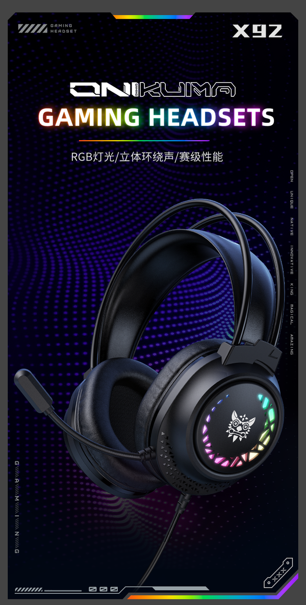 ONIKUMA X92 RGB Gaming Headset | 50mm Drivers | 20Hz-20kHz | USB + 3.5mm · 2.2m Cable | 360° Omnidirectional Noise-Cance