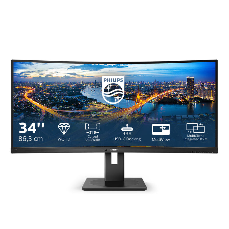 Philips 346B1C | 34" Ultrawide Curved Gaming Monitor | UWQHD 3440x1440 | 100Hz | IPS | HDMI + DisplayPort + USB-C | Height Adjustable | Black