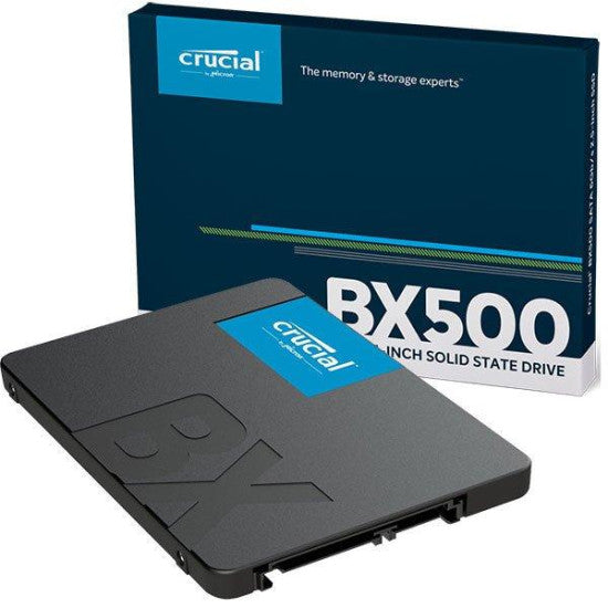 Crucial BX500 500GB SATA SSD | SATA 6Gb/s · 2.5-inch (7mm) | Up to 550MB/s read | Micron 3D NAND · 120TBW | 3-year limit