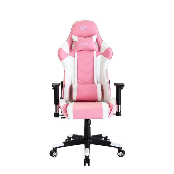 HAVIT GAMENOTE GC932 ergonomic gaming chair in white and pink PU leather, front view with headrest and lumbar pillows