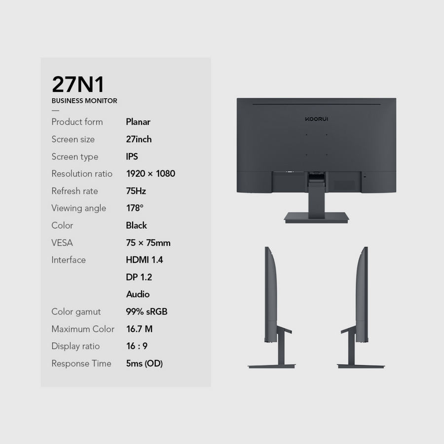KOORUI 27N1 | 27" FHD IPS Monitor | 75Hz | 5ms | 99% sRGB | HDMI & VGA
