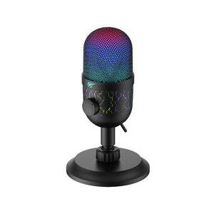 Havit Gamenote GK52 USB RGB Condenser Microphone | Cardioid Pickup | 100Hz-18kHz | 48kHz/16-bit | -33±2dB Sensitivity | ≥88dB SNR | 110dB SPL | Ø14mm Capsule | Built-In Volume Knob & Mute Button | Dynamic RGB | 1.8m USB Cable