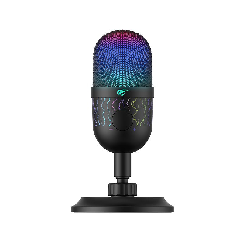 Havit Gamenote GK52 USB RGB Condenser Microphone | Cardioid Pickup | 100Hz-18kHz | 48kHz/16-bit | -33±2dB Sensitivity | ≥88dB SNR | 110dB SPL | Ø14mm Capsule | Built-In Volume Knob & Mute Button | Dynamic RGB | 1.8m USB Cable