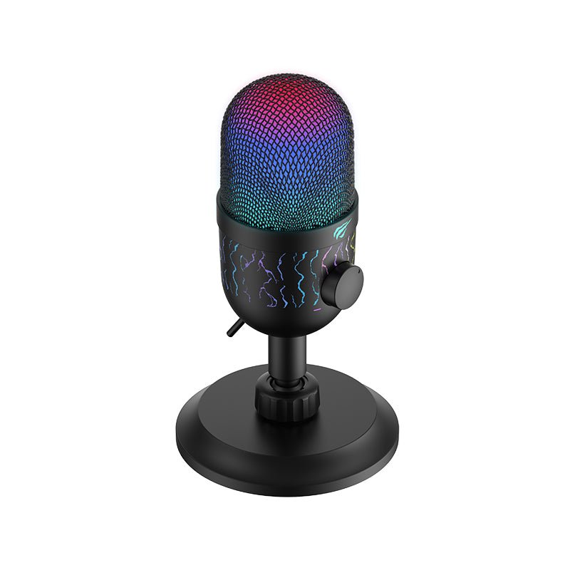 Havit Gamenote GK52 USB RGB Condenser Microphone | Cardioid Pickup | 100Hz-18kHz | 48kHz/16-bit | -33±2dB Sensitivity | ≥88dB SNR | 110dB SPL | Ø14mm Capsule | Built-In Volume Knob & Mute Button | Dynamic RGB | 1.8m USB Cable