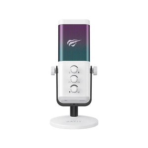 Havit Gamenote GK65 Portable USB-C RGB Condenser Microphone | Cardioid Pickup | 80Hz-16kHz | 3.5mm Real-Time Monitoring | One-Tap Mute with LED Indicator | Built-In Noise Reduction | 9 RGB Lighting Modes | 2m USB-C Cable | Stand Included
