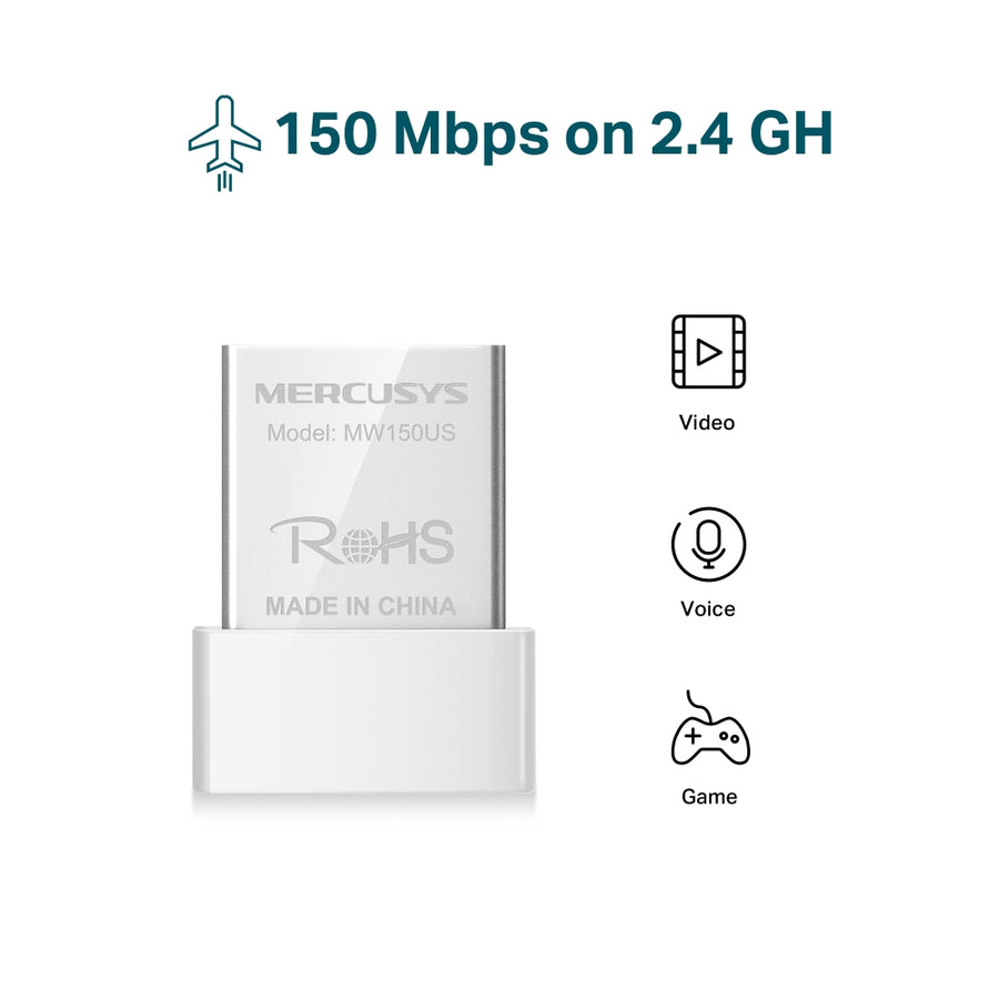 Mercusys MW150US N150 Wireless Nano USB Adapter | 150Mbps · 802.11n · 2.4GHz | USB 2.0 · Internal Antenna | WPA/WPA2 · W