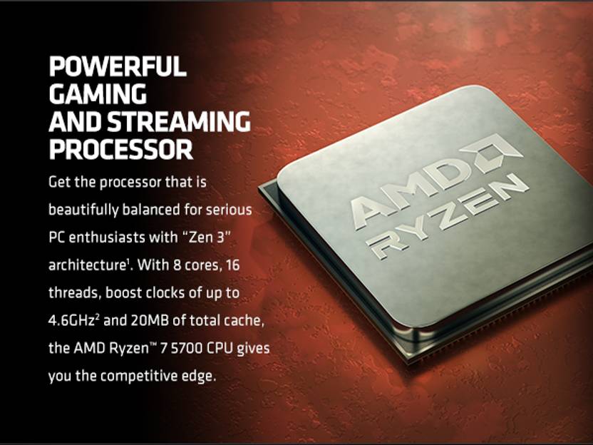 AMD Ryzen 7 5700 Desktop Processor | 8 Cores · 16 Threads | 3.7GHz Base · Up to 4.6GHz Boost | 16MB L3 · 4MB L2 · 20MB Total Cache | 65W TDP | Socket AM4 · Zen 3 · 7nm | DDR4-3200 Dual Channel | Model 100-100000743