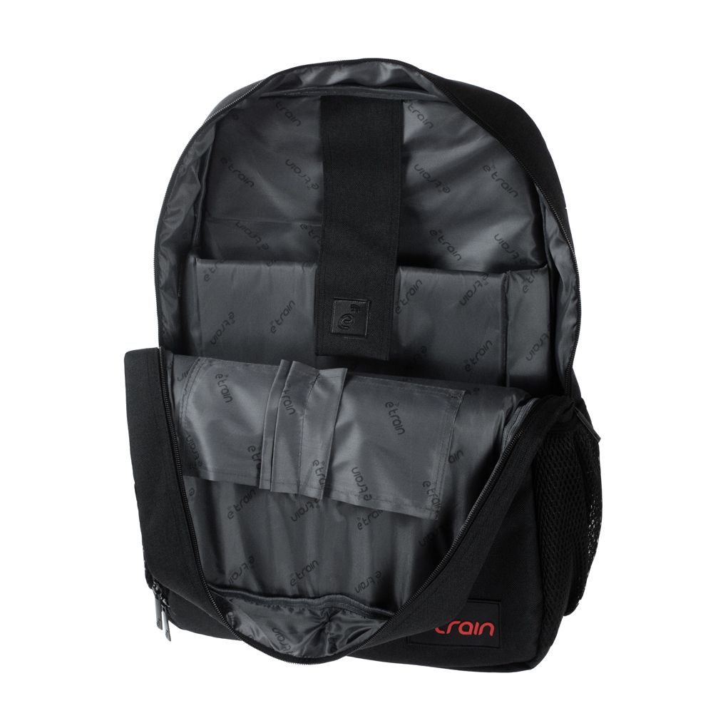 E-train BG02B Laptop Backpack | Fits laptops up to 15.6″ | Waterproof nylon · Padded laptop compartment with safety strap | 3 pockets · Padded adjustable straps | Black