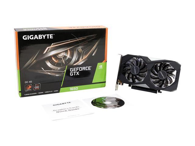 GIGABYTE GeForce GTX 1650 OC 4G Graphics Card | 4GB GDDR5 · 128-bit · 128 GB/s | 896 CUDA Cores · 1710 MHz Core | PCIe 3.0 · 2× HDMI 2.0b · 1× DisplayPort 1.4 | No External Power Connector | Black