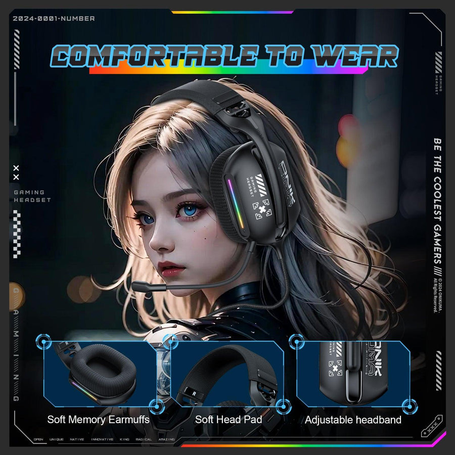 ONIKUMA X12 RGB Gaming Headset | 40mm Drivers | 32Ω · 105±3dB · 20Hz-20kHz | 3.5mm + USB · 2.2m | 360° Omnidirectional N
