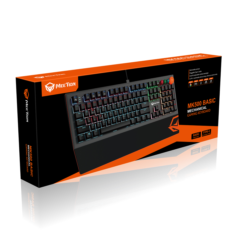 Meetion MK500 Mechanical Gaming Keyboard | 104/105 Keys | OUTEMU Blue Switches | 14 LED Backlight Modes | Detachable Magnetic Wrist Rest | Full-Key Anti-Ghosting | Black · Gray