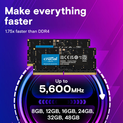 Crucial 48GB Kit (2x24GB) DDR5-5600 SODIMM Laptop Memory CT2K24G56C46S5 Boxed | PC5-44800 | CL46-45-45 | 1.1V | 262-Pin Non-ECC Unbuffered | 1Rx8 Single-Rank | On-Die ECC | Non-Binary High Capacity | Intel + AMD | Plug & Play