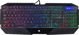 HP K110 Wired Gaming Keyboard | 104 Keys · Full-Size Membrane | 4-Colour LED Backlight · 26-Key Anti-Ghosting | 10 Million Keystrokes · Built-in Palm Rest | Black