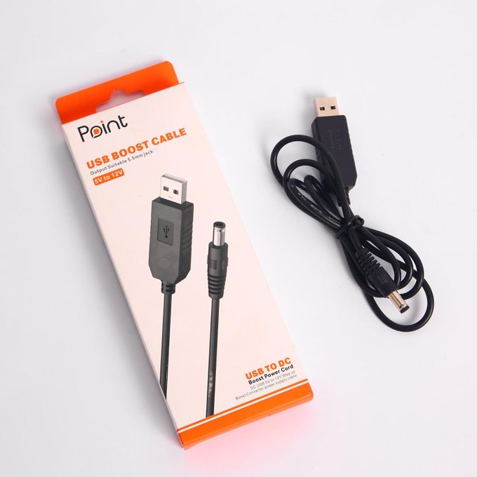 Point USB Boost Cable | USB 5 V to DC 12 V Step-Up Converter | Powers Routers · USB Lights · USB Fans · USB Audio | PVC 