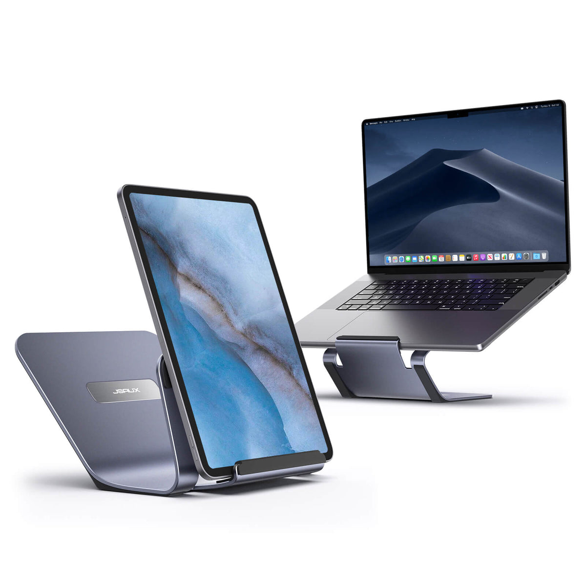 JSAUX SL0206 Curve 2-in-1 Aluminium Laptop & Tablet Stand | Fits 4in-15.6in Devices | 6-Inch Ergonomic Elevation | Aluminium Alloy + Silicone | Open-Frame Heat Dissipation | Anti-Slip | 110g | Grey