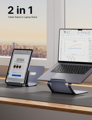 JSAUX SL0206 Curve 2-in-1 Aluminium Laptop & Tablet Stand | Fits 4in-15.6in Devices | 6-Inch Ergonomic Elevation | Aluminium Alloy + Silicone | Open-Frame Heat Dissipation | Anti-Slip | 110g | Grey
