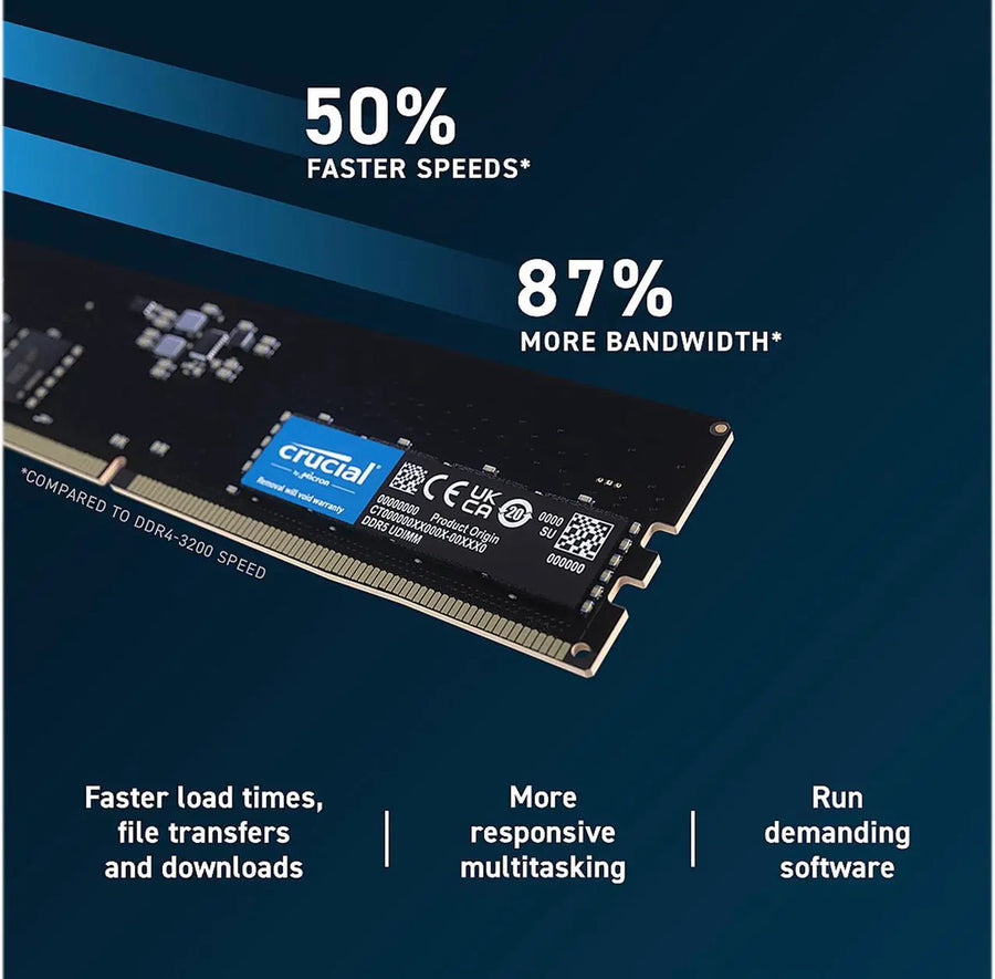 Crucial DDR5 32GB Single Stick (1x32GB) Green | 4800MT/s CL40-39-39 | JEDEC Native | 1.1V Low Voltage | Dual Rank 2Rx8 | 288-Pin UDIMM | On-Die ECC | Universal Compatibility | Intel 12th Gen + AMD Ryzen 7000 | Entry DDR5 Single Module