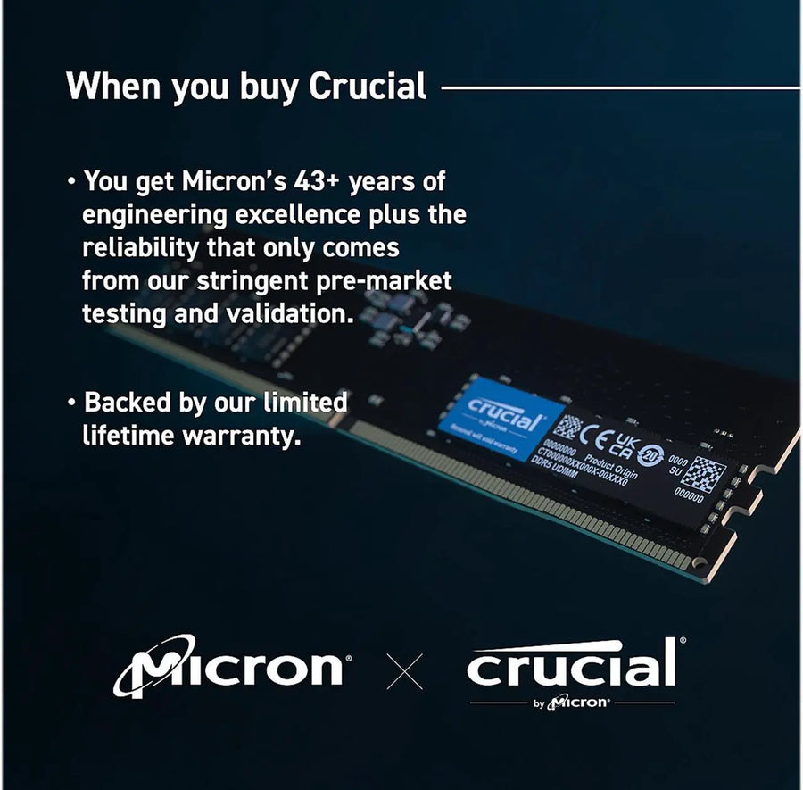 Crucial DDR5 32GB Single Stick (1x32GB) Green | 4800MT/s CL40-39-39 | JEDEC Native | 1.1V Low Voltage | Dual Rank 2Rx8 | 288-Pin UDIMM | On-Die ECC | Universal Compatibility | Intel 12th Gen + AMD Ryzen 7000 | Entry DDR5 Single Module