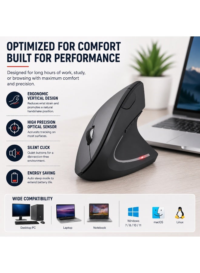 Jedel W925 Vertical Ergonomic Wireless Mouse | 2.4GHz Wireless | 800·1200·1600 DPI | 6 Buttons | Silent Click | Black