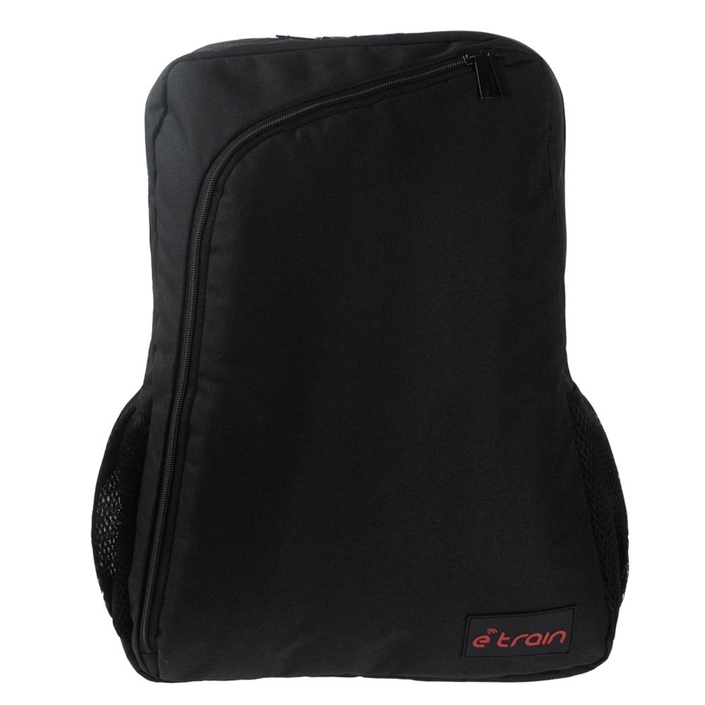 E-train BG02B Laptop Backpack | Fits laptops up to 15.6″ | Waterproof nylon · Padded laptop compartment with safety strap | 3 pockets · Padded adjustable straps | Black