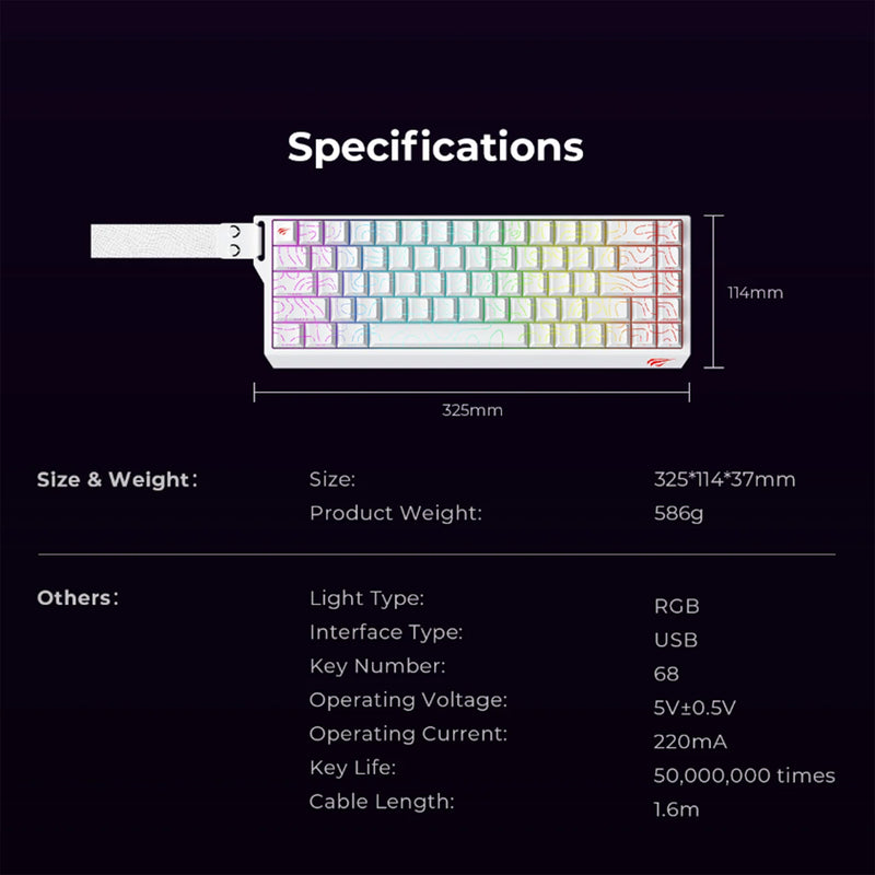 HAVIT KB922L Contour RGB Backlit Mechanical Gaming Keyboard | 68 Keys | Contour PBT Keycaps | 17 RGB Modes · 5 Brightnes