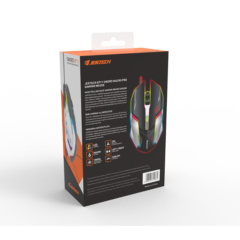 Jertech Sword XP11 Wired Gaming Mouse | 3200 DPI Optical | 6 Macro Buttons | 1000Hz Polling | RGB Lighting | Black