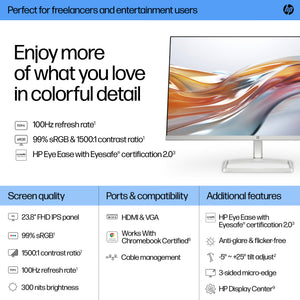 HP Series 5 524sw FHD IPS 23.8-Inch Gaming Monitor | Full HD 1920x1080 | 100Hz | IPS Panel | 99% sRGB | HDMI + VGA