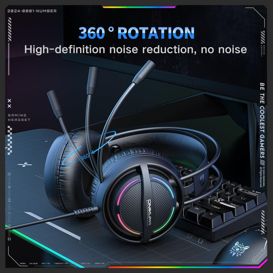 Onikuma X88 RGB Gaming Headset | USB + 3.5 mm Wired | 50 mm Drivers · 20 Hz–20 kHz · 20 Ω · 116 dB | 360° Rotatable Nois