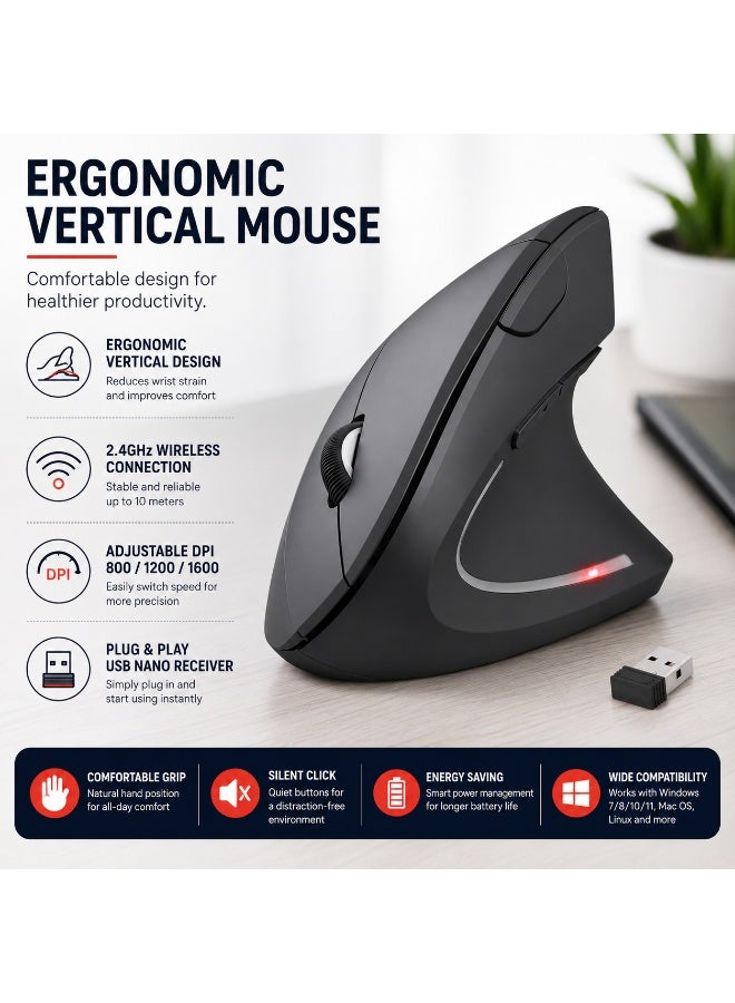 Jedel W925 Vertical Ergonomic Wireless Mouse | 2.4GHz Wireless | 800·1200·1600 DPI | 6 Buttons | Silent Click | Black