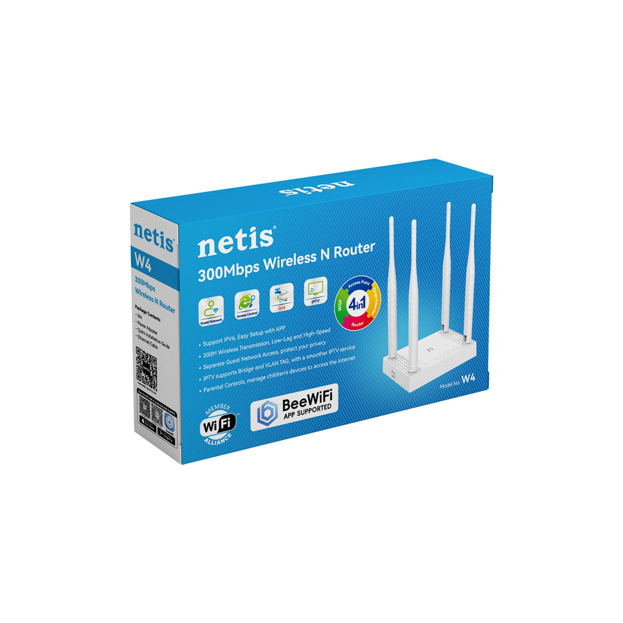 netis W4 300 Mbps Multi-Mode Wireless N Router | 2.4 GHz 802.11b/g/n · 300 Mbps | 4 × 5 dBi Fixed Antennas · 20 dBm | 1 