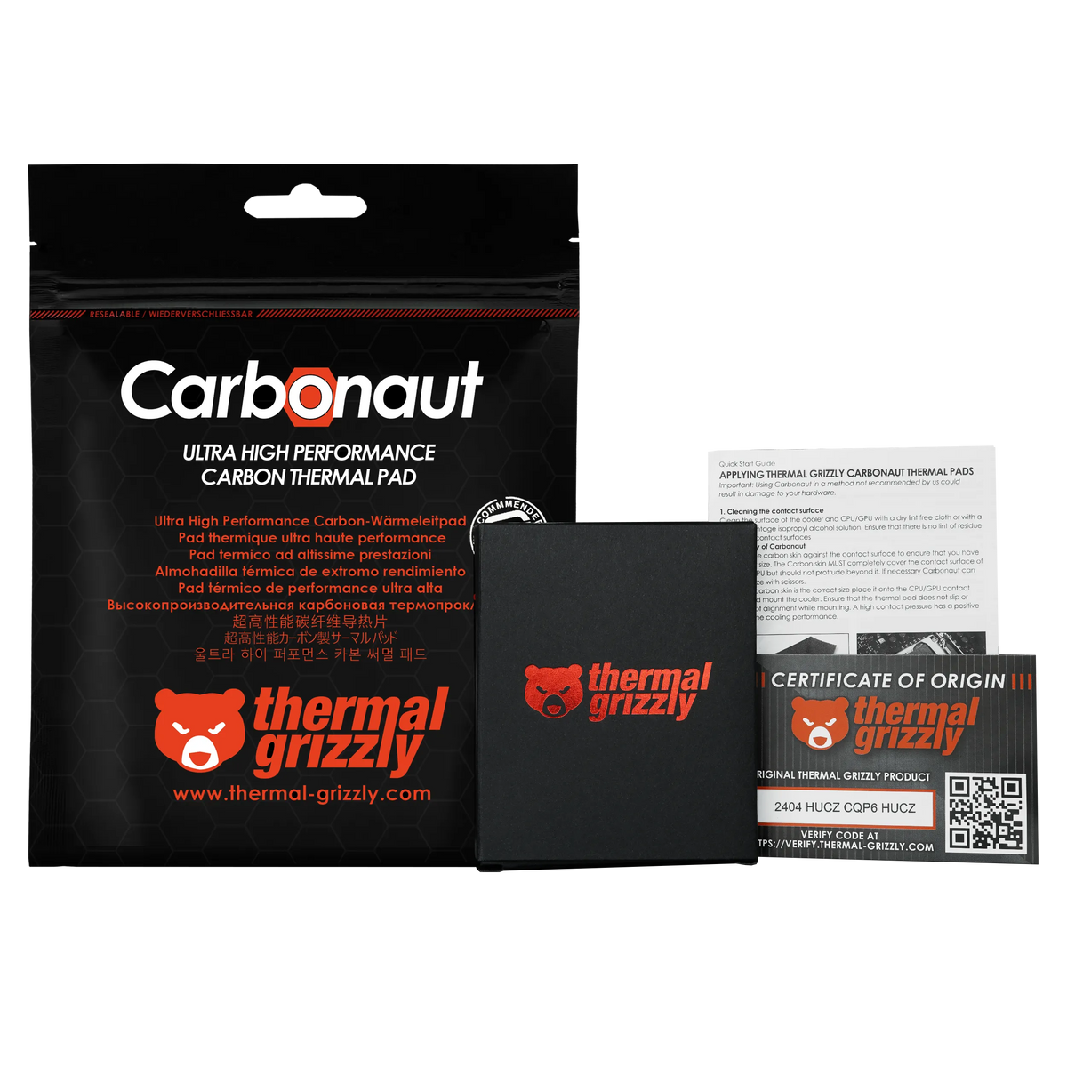Thermal Grizzly Carbonaut Thermal Pad | 38 × 38 × 0.2 mm | 62.5 W/mK | Carbon Fibre · Electrically Conductive | -250°C to +150°C | Black