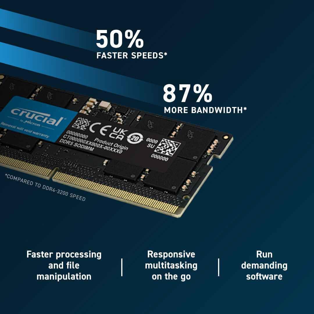 Crucial Basics CB16GS4800 16GB DDR5 Laptop Memory | DDR5-4800 MT/s · PC5-38400 | CL40 · 40-39-39 · 1.1V | 262-Pin SO-DIMM · On-Die ECC · PMIC | Black