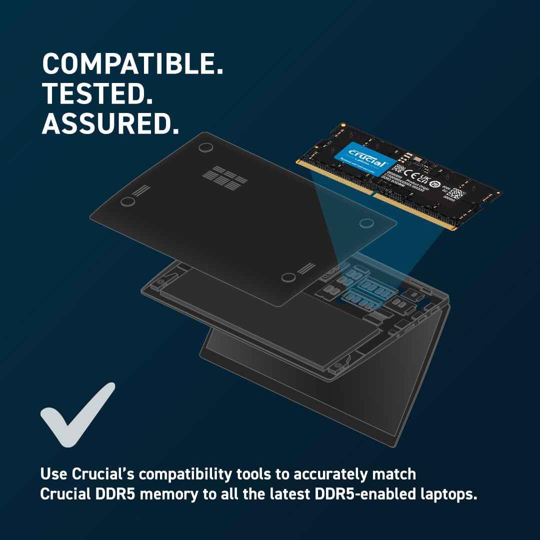 Crucial Basics CB16GS4800 16GB DDR5 Laptop Memory | DDR5-4800 MT/s · PC5-38400 | CL40 · 40-39-39 · 1.1V | 262-Pin SO-DIMM · On-Die ECC · PMIC | Black
