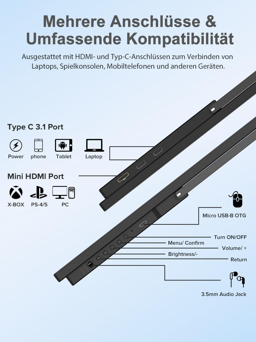 UPERFECT 22 inch portable monitor ports: USB Type-C 3.1 and Mini HDMI