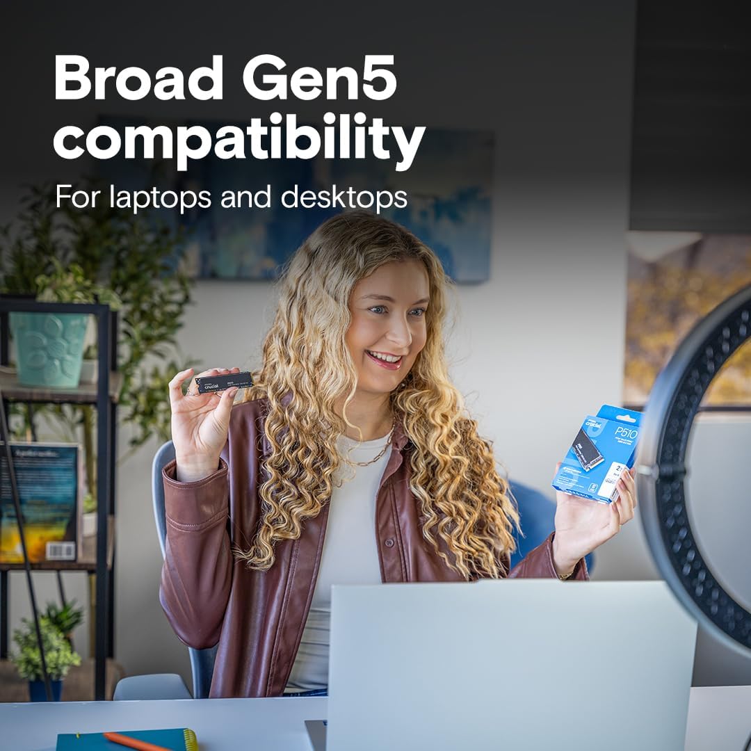 Crucial P510 1TB PCIe Gen5 NVMe SSD | PCIe 5.0 x4 · M.2 2280 | 11,000MB/s read · 9,500MB/s write | Micron G9 TLC NAND · 600TBW | 5-year limited warranty