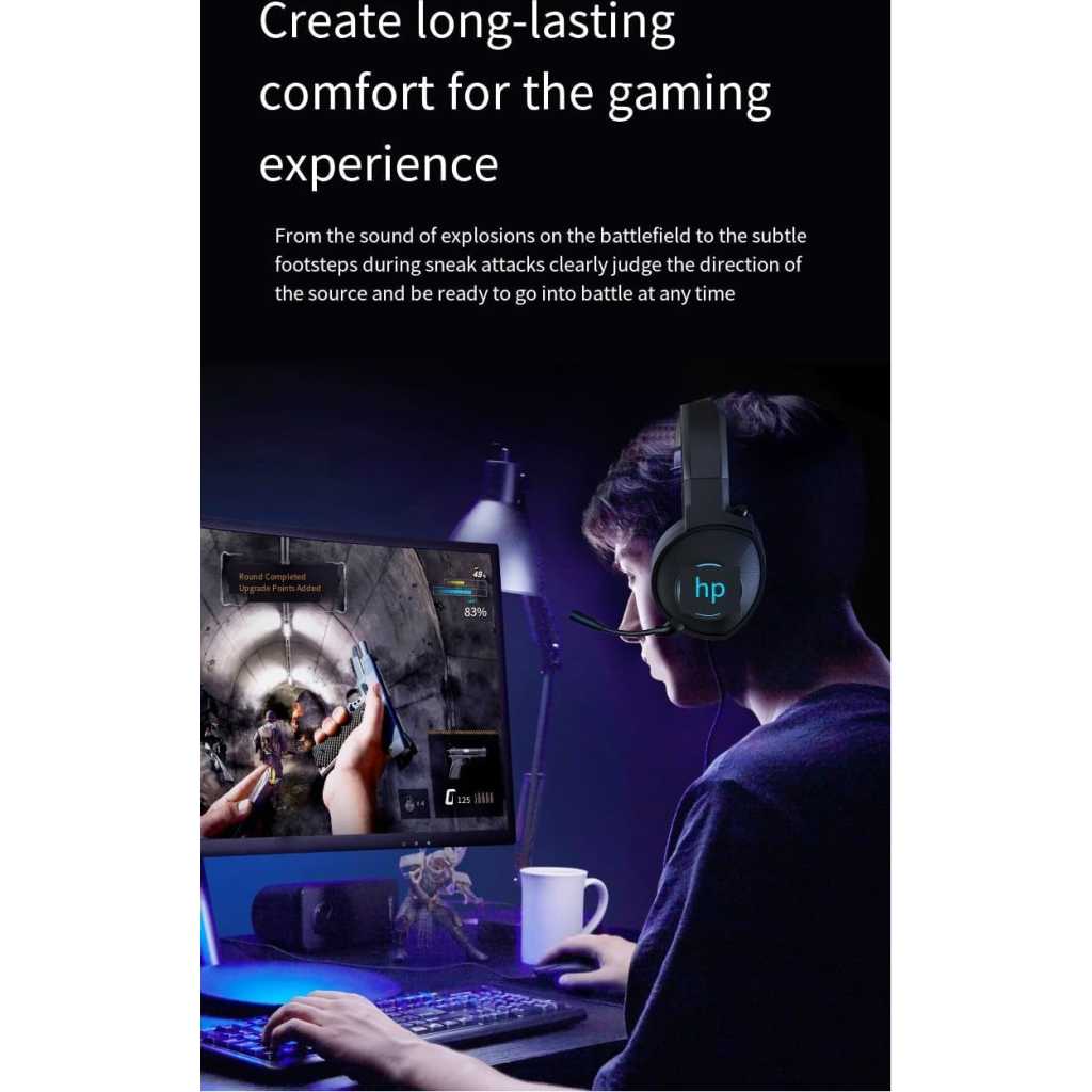 HP DHE-8008 Gaming Headset | Wired · 2 × 3.5mm Jacks + USB for LED | Blue LED Backlight | Over-Ear with Microphone | Self-Adjusting Headband | Black