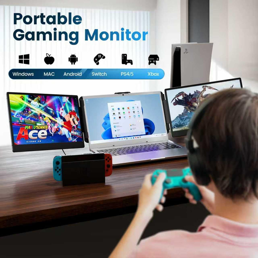 Domyfan S2 | 14" Triple Portable Monitor for Laptop | Dual FHD IPS Screen Extender | HDMI/USB-C/USB-A | Built-in Speakers | For 13.3"-17" Laptops