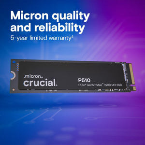Crucial P510 1TB PCIe Gen5 NVMe SSD | PCIe 5.0 x4 · M.2 2280 | 11,000MB/s read · 9,500MB/s write | Micron G9 TLC NAND · 600TBW | 5-year limited warranty