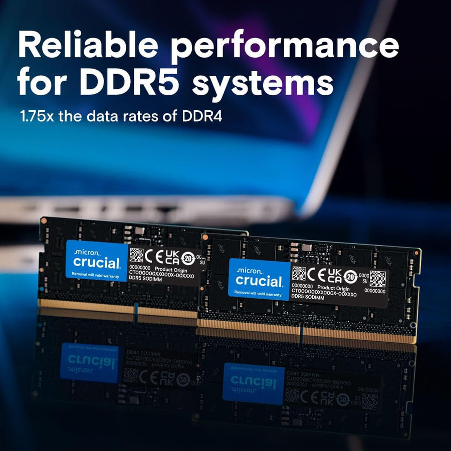 Crucial 48GB Kit (2x24GB) DDR5-5600 SODIMM Laptop Memory CT2K24G56C46S5 Boxed | PC5-44800 | CL46-45-45 | 1.1V | 262-Pin Non-ECC Unbuffered | 1Rx8 Single-Rank | On-Die ECC | Non-Binary High Capacity | Intel + AMD | Plug & Play
