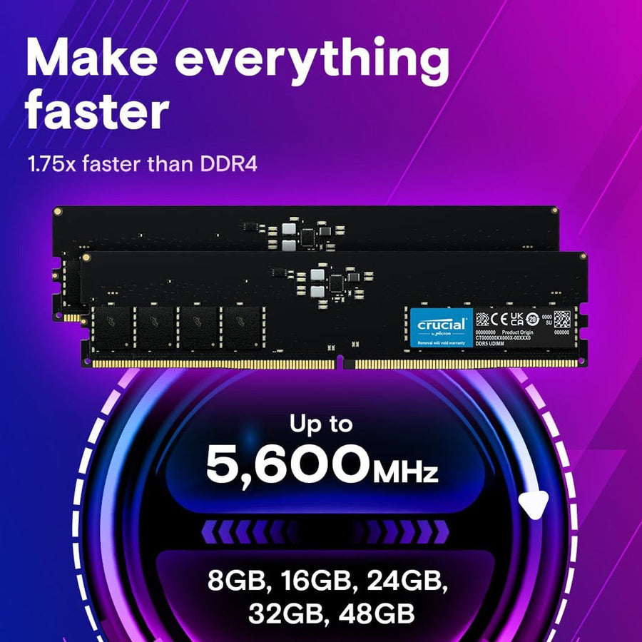 Crucial 8GB DDR5-4800 UDIMM Desktop Memory | CT8G48C40U5 · 1 × 8GB | 4800 MT/s · PC5-38400 · CL40 (40-39-39) | 1.1V · 28