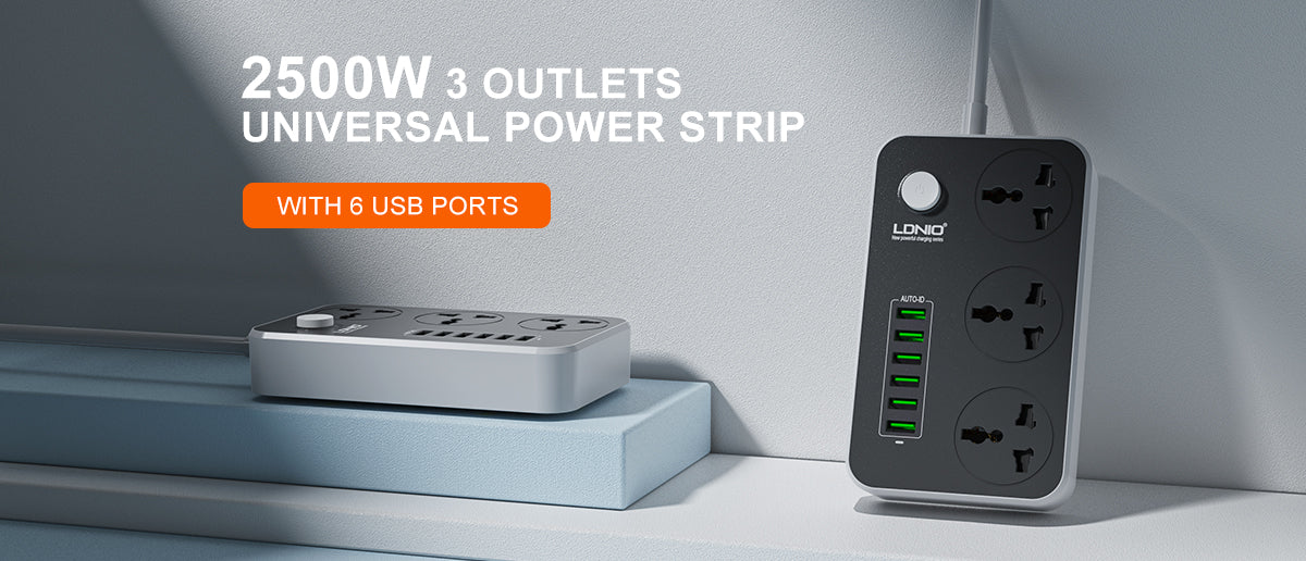 LDNIO SC3604 Power Strip | 3 Universal AC Sockets · 100-250V/10A · 2500W Max | 6 USB-A Ports · 5V/3.4A · 17W Max | 2m Cable | Fire-Proof PC Housing