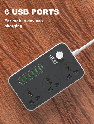 LDNIO SC3604 Power Strip | 3 Universal AC Sockets · 100-250V/10A · 2500W Max | 6 USB-A Ports · 5V/3.4A · 17W Max | 2m Cable | Fire-Proof PC Housing