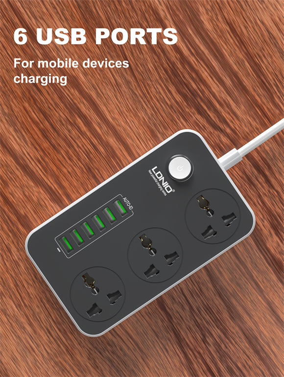LDNIO SC3604 Power Strip | 3 Universal AC Sockets · 100-250V/10A · 2500W Max | 6 USB-A Ports · 5V/3.4A · 17W Max | 2m Cable | Fire-Proof PC Housing