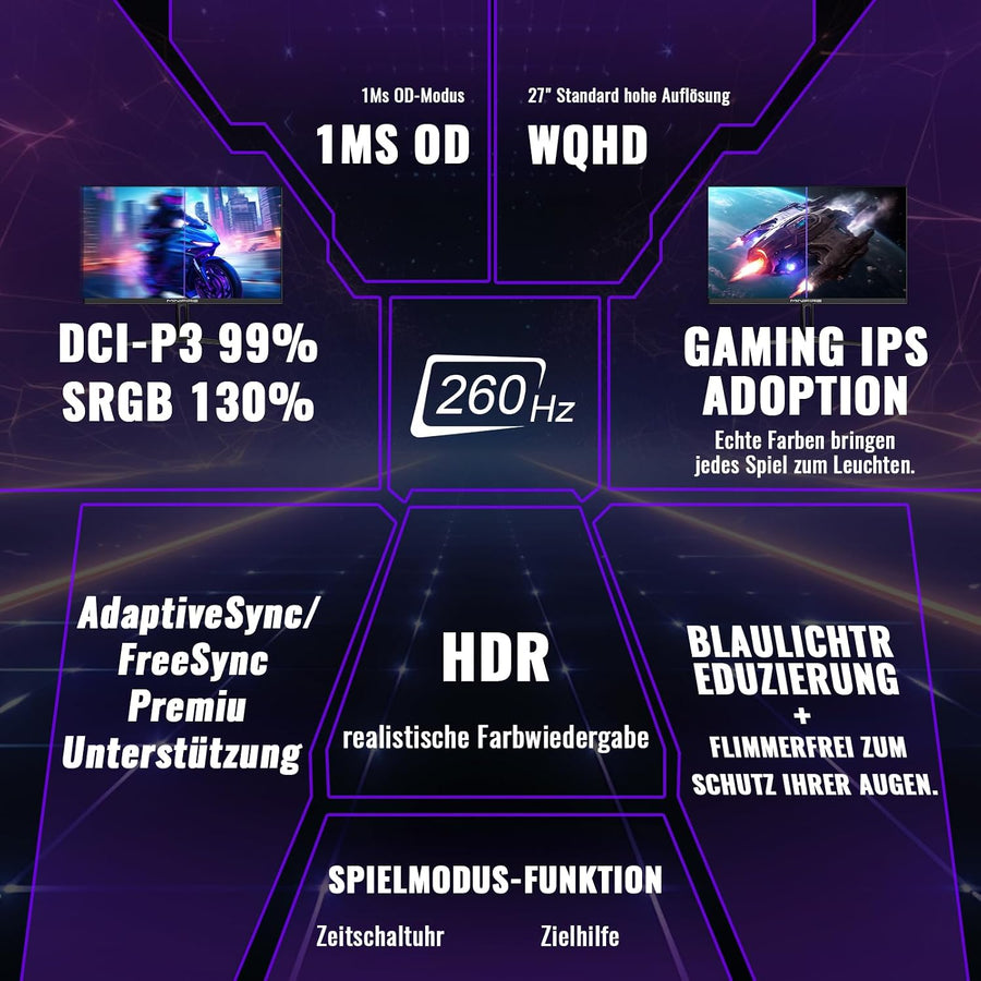AMD FreeSync DCI-P3 98% LautsprecherHDR10 2×DP 27-Inch Gaming Monitor | QHD 2560x1440 | 260Hz | 1ms | HDR10 | FreeSync | 2x HDMI + 2x DisplayPort 1.4 | Height Adjustable